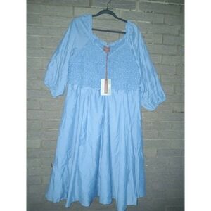 NWT Jessakae Light Blue Smocked Bodice Midi Dress Sz 2X Puff Sleeves Countrycore